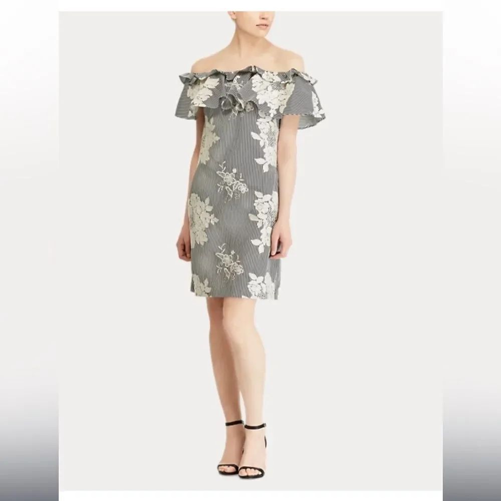 LAUREN Ralph Lauren Navy Stripe Floral Embroidered Off-the-Shoulder Dress 12
